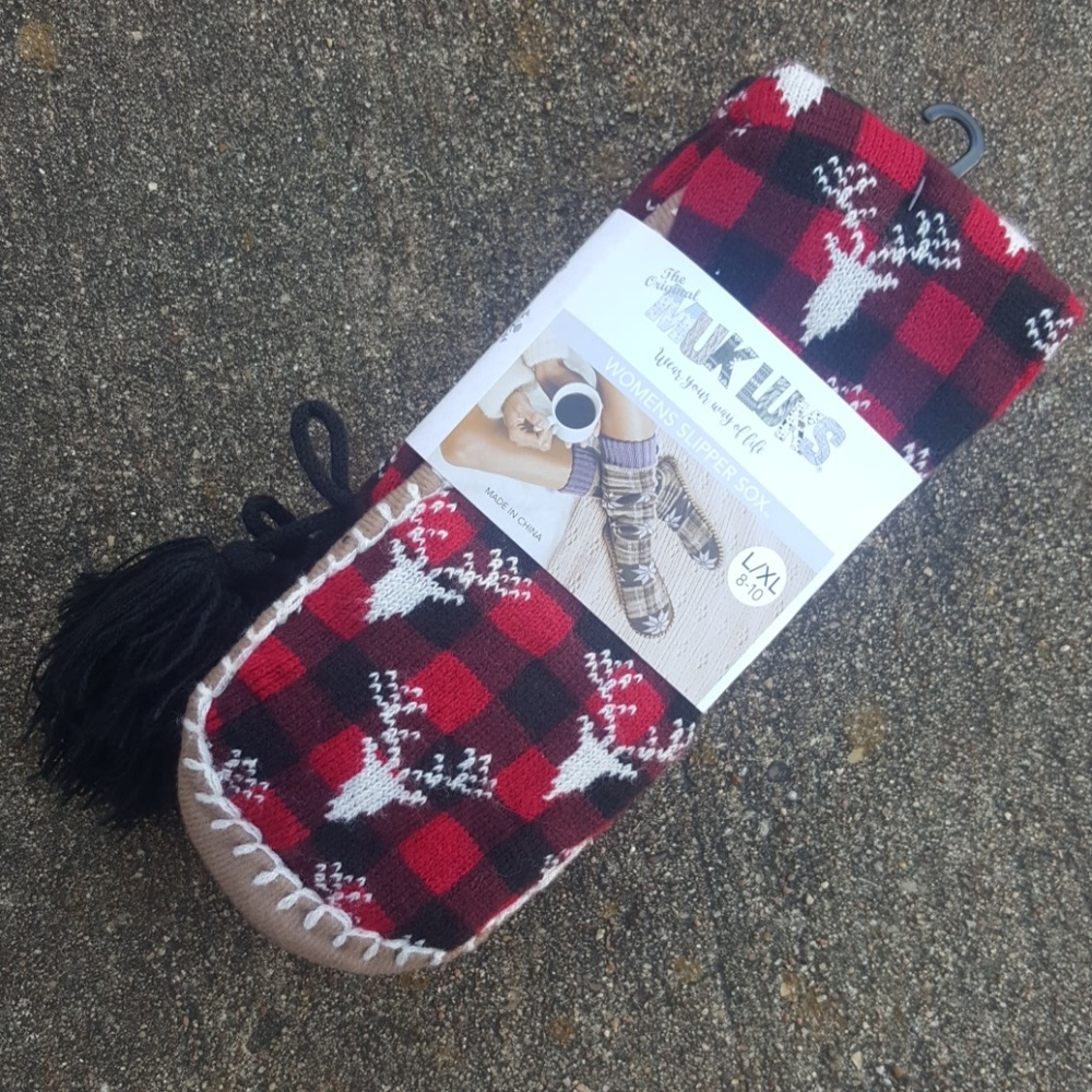 Muk Luks Women's Slipper Socks Plaid Reindeer New